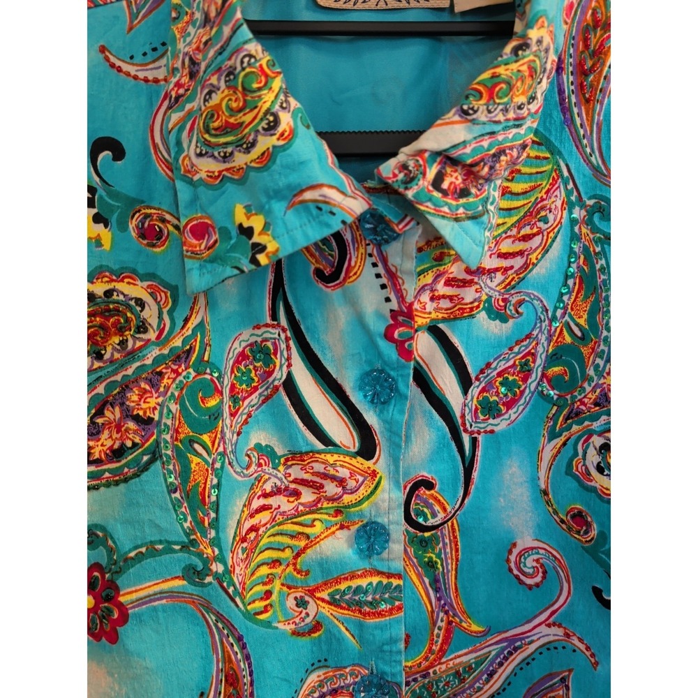 Life Style 2X jacket blue paisley Beaded button down stretch lined long sleeve - Picture 2 of 9